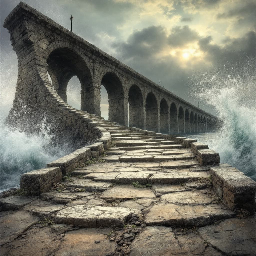 AI generated: "An old bridge over the sea, where each step brings back a memory of past love."