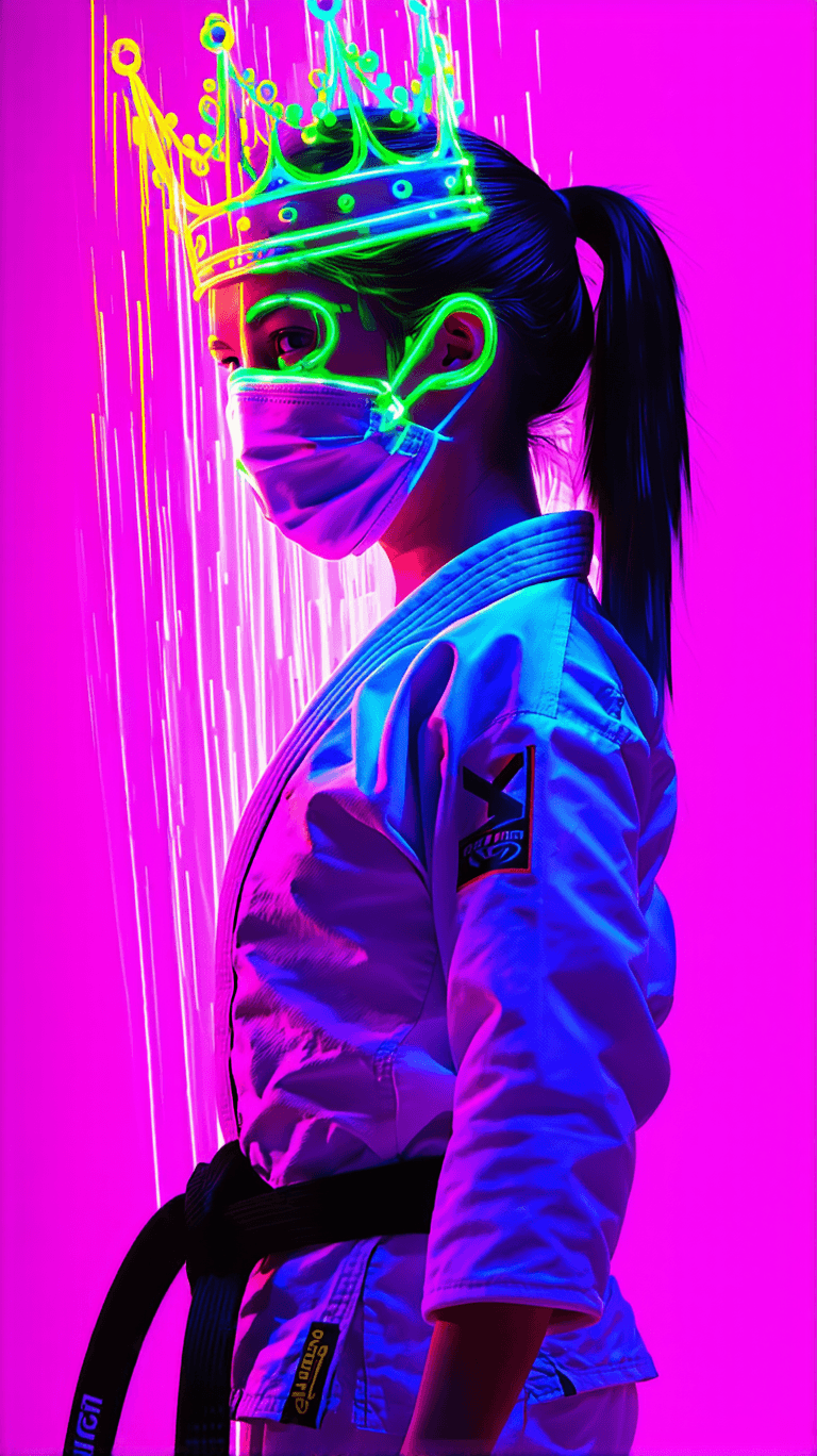 AI generated: A female jiu-jitsu athlete captured in a dynamic back pose, surrounded by graffiti-style motion trai...