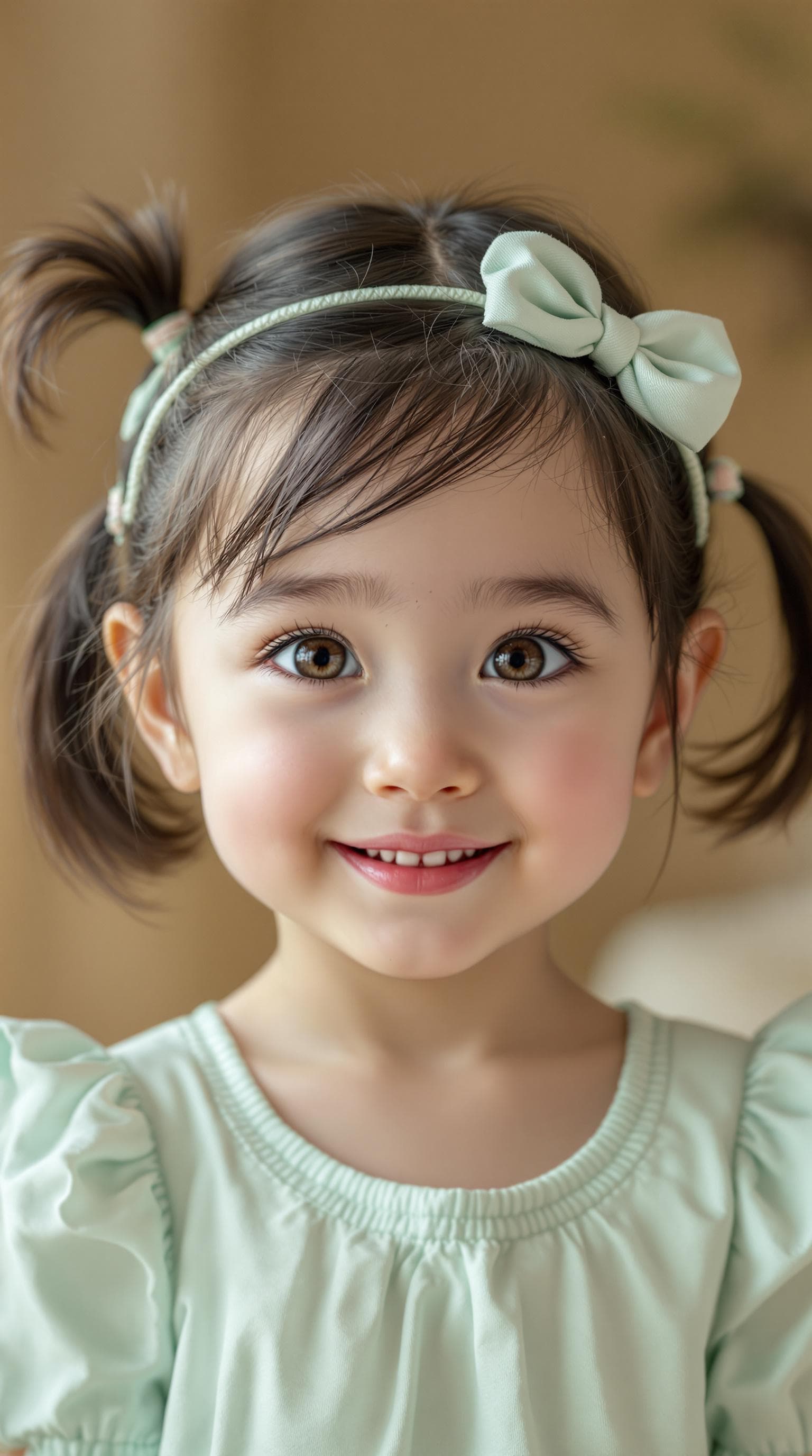 AI generated:  "A highly detailed ultra HD 8K realistic portrait of a cute toddler girl with deep brown eyes, deli...