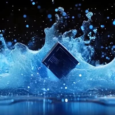 AI generated video: der prozessor stürzt von oben auf die flächen und das wasser spitzt in alle himmelrichtungen iwe ver...