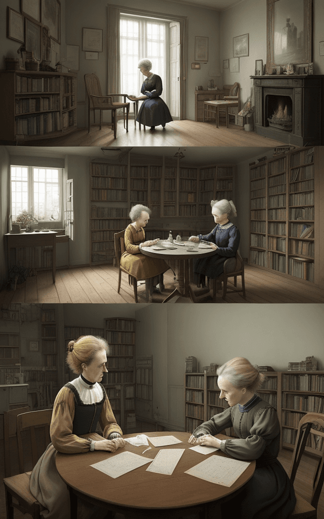 AI generated: Craft a poignant scene between Marie Curie and her sister, Bronislawa. Set it in their shared living...