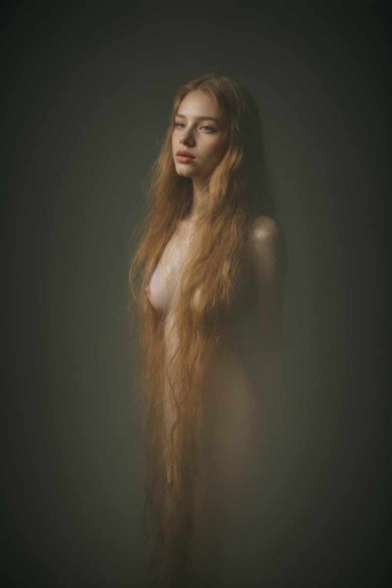 AI generated: full body photo of a young (voluptuous:1.1) (ghostly:1.1) (glow:1.1) woman with flowing long (messy:...
