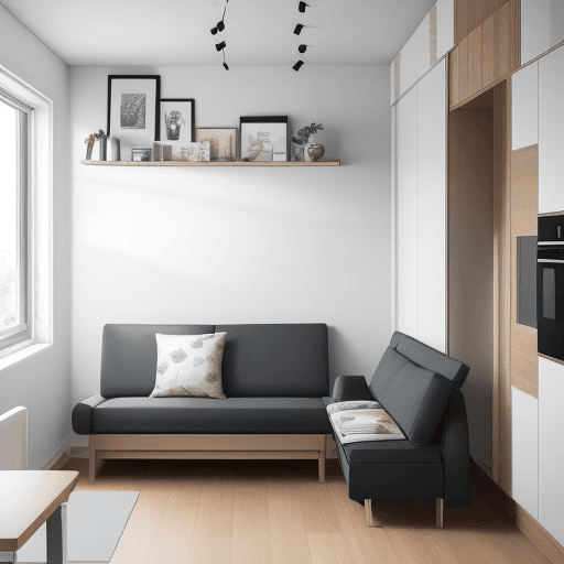 AI generated: A compact interior featuring multifunctional furniture such as a sofa bed and an extendable dining t...