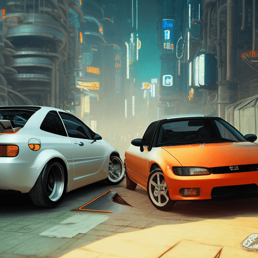 AI generated: cyber punk mechanical orange honda integra dc5 next to silver 1995 mazda mx5-na, in beautiful beach ...