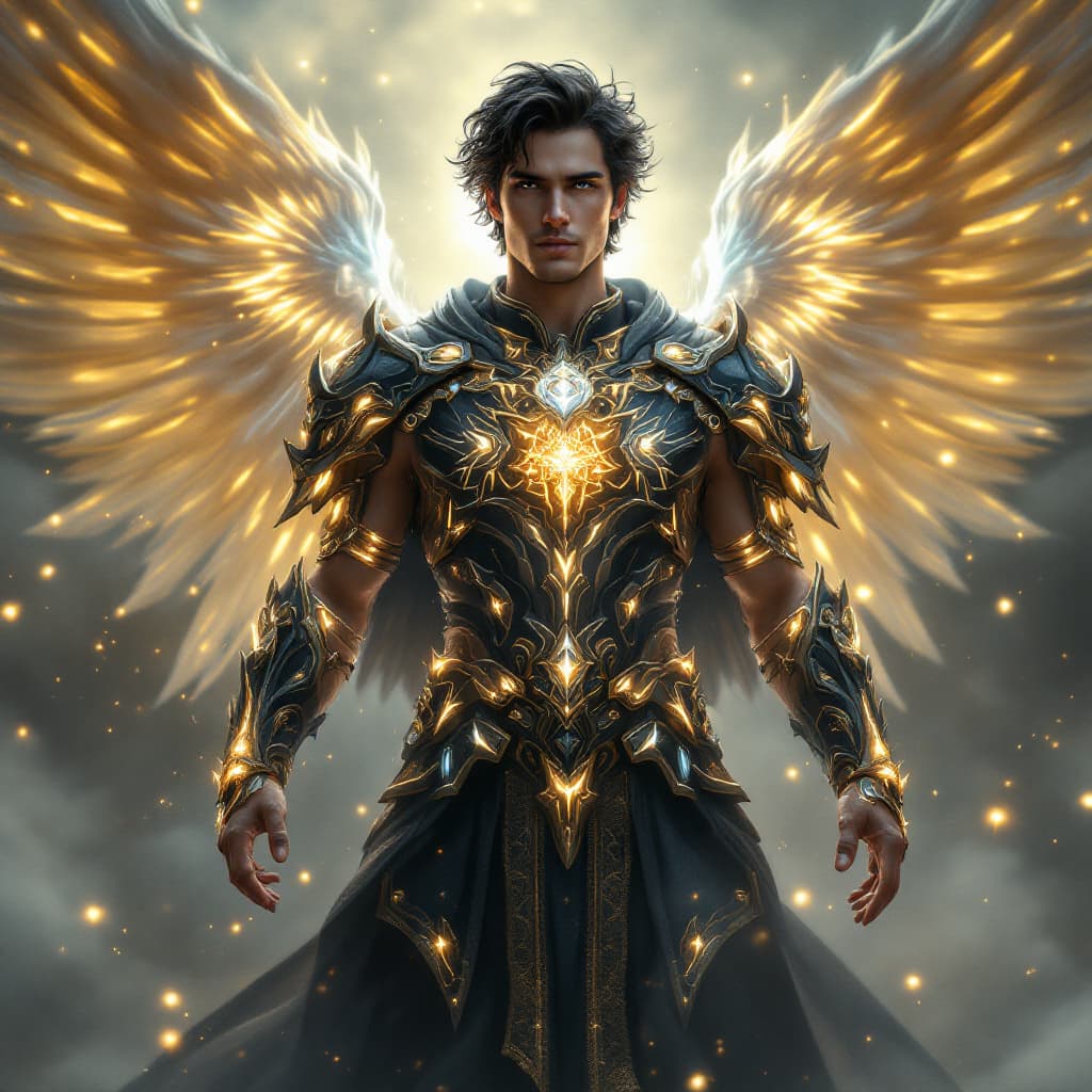 AI generated: An ultra-realistic, full-body portrait of a celestial man, radiating divine power and unwavering res...