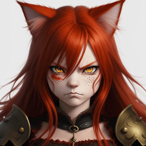 AI generated: A red-haired cat girl, angry face, fantasy world, detailed, anime style