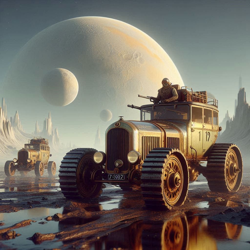 AI generated: Steampunk scifi style Expedition with Citroen P17 Kégresse track vehicles, in an unusual unearthly l...