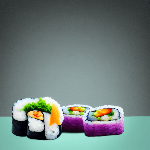 AI generated: Rolls and Sushi floating in the air against a FFCC00 colored background in a minimalistic, high reso...