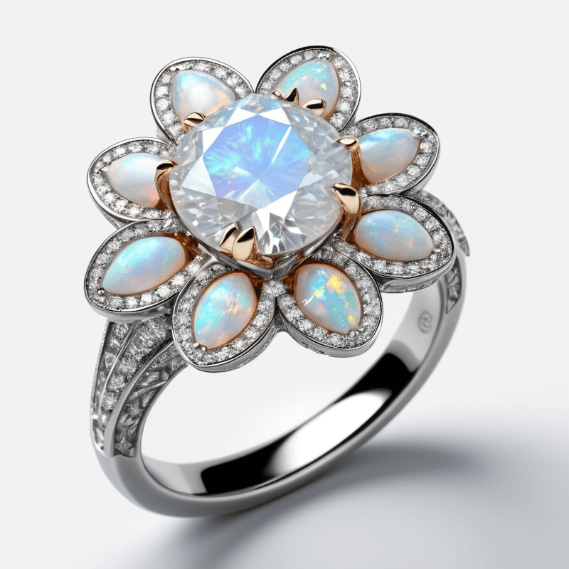 AI generated: a jewellery design, An intricate ring, (shiny Diamond set on ring:1.5), trillion curved diamond opal...