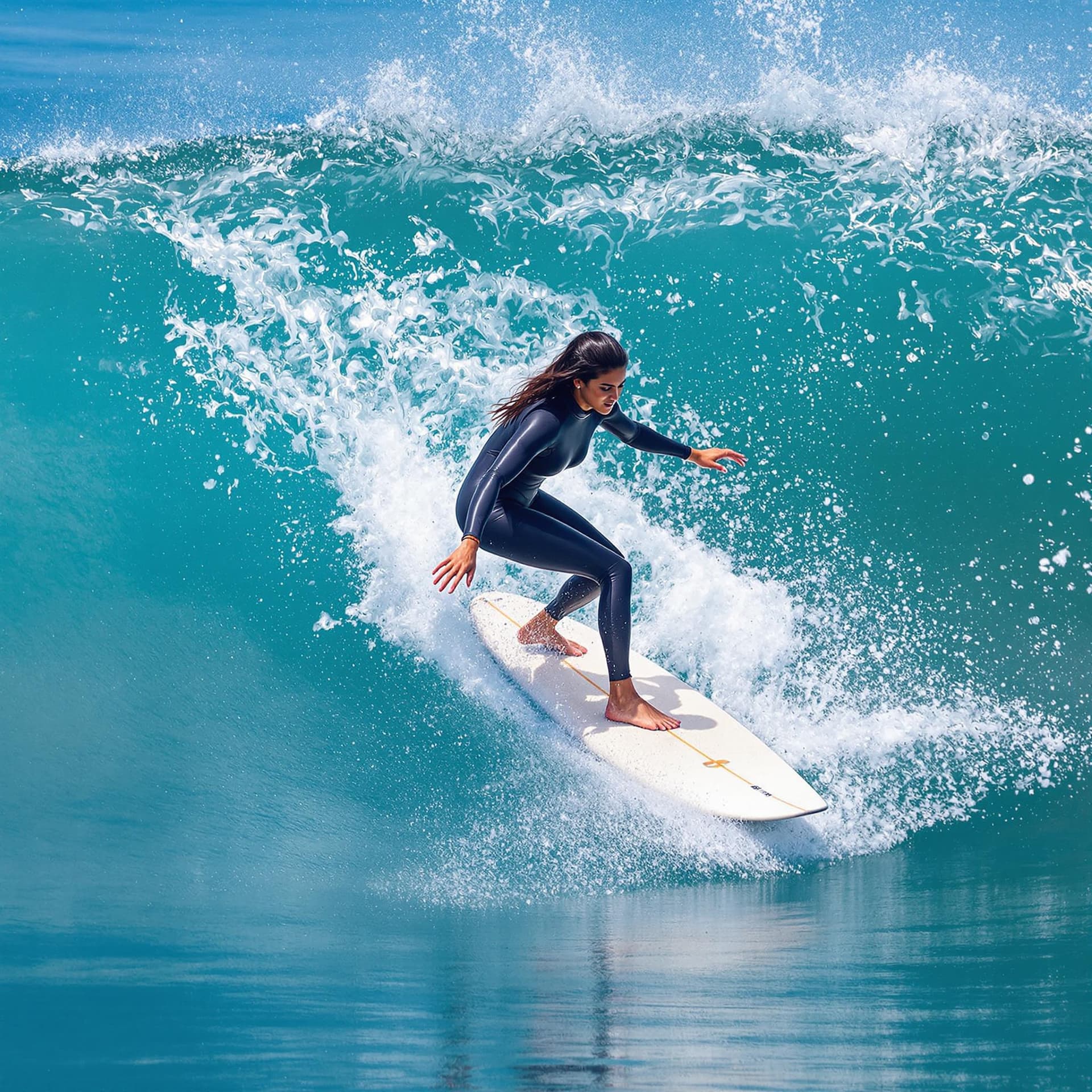 AI generated: The image features a Indian woman riding a wave on a surfboard. She is skillfully navigating the wav...