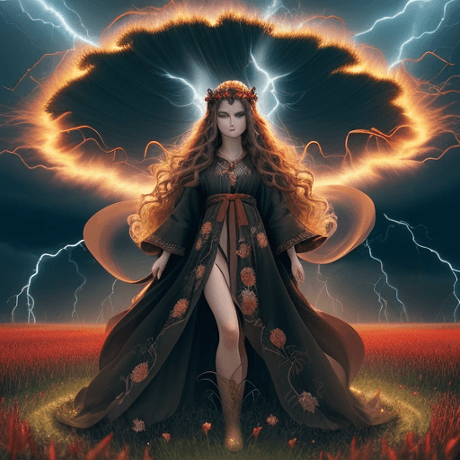 AI generated:  A young goddess with long wavy hair, standing in a flower field of tall grass. She is wearing a dar...