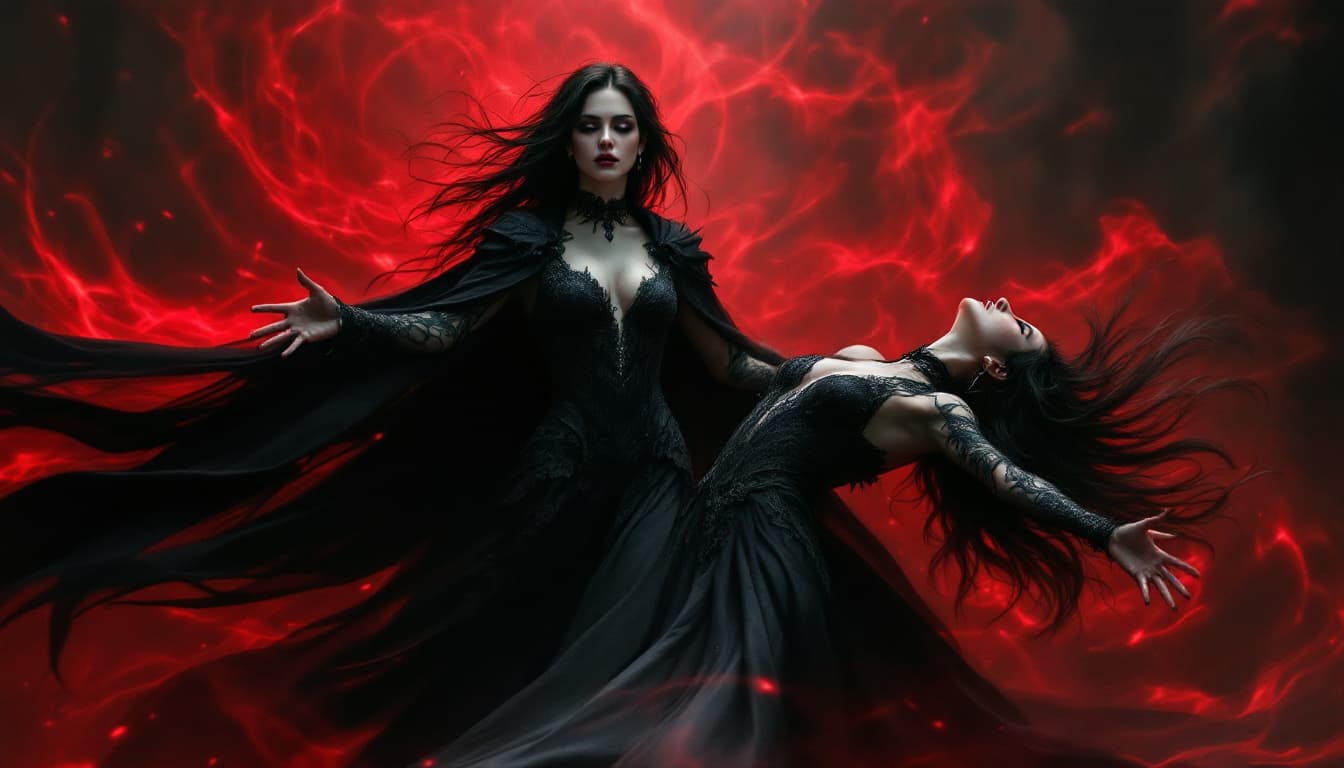 AI generated: A dramatic scene of two women, one in a dark, gothic-inspired dress with a flowing cape, standing in...