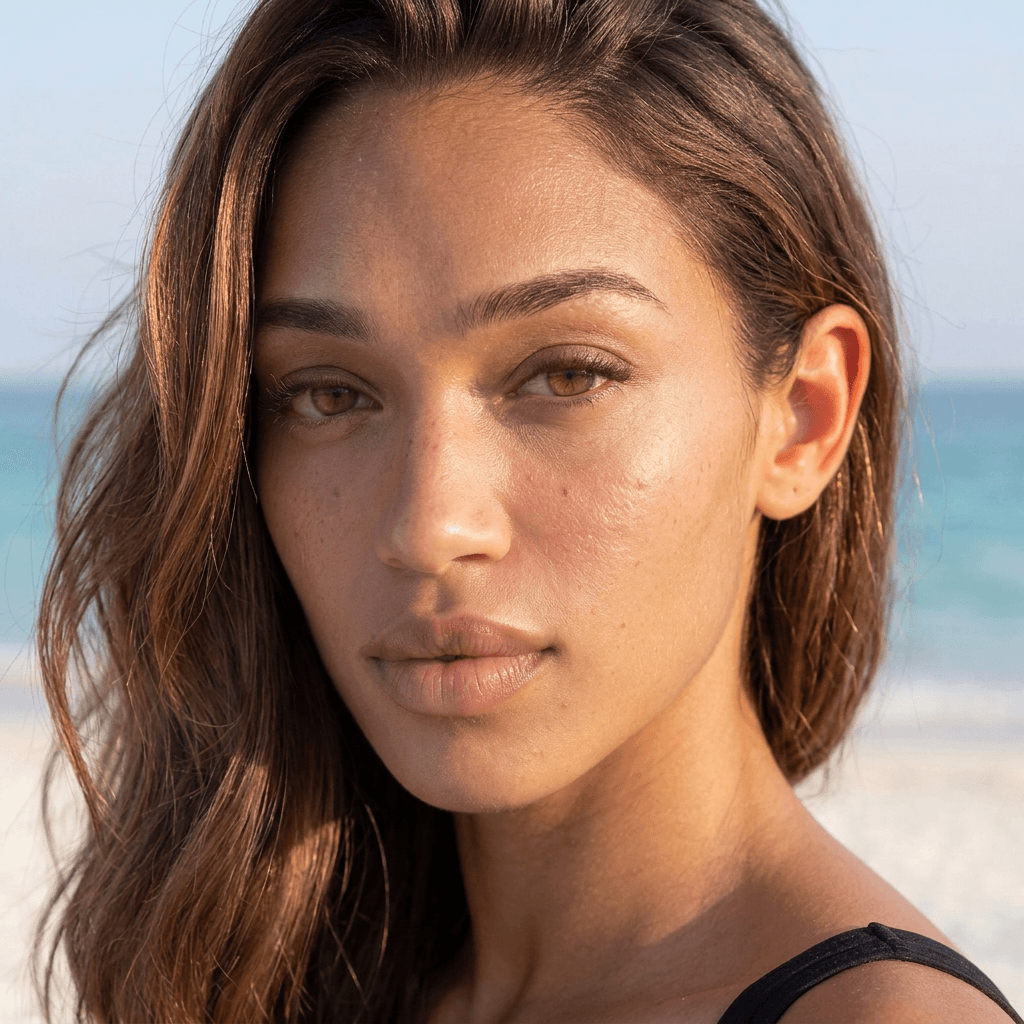 AI generated: micro-texture detail visible on forehead chin and upper lip area, natural skin redness variation aro...