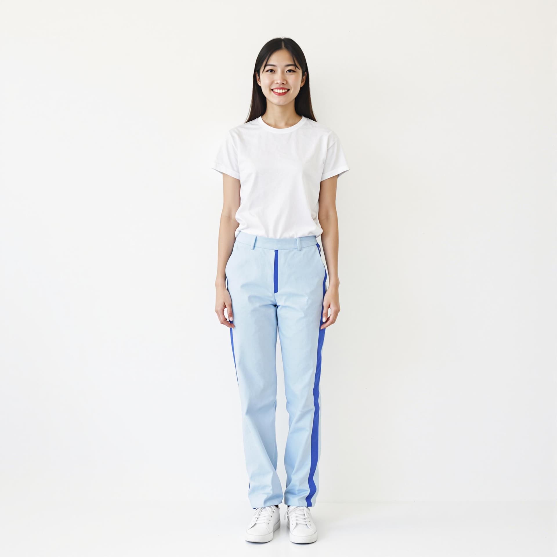 AI generated: a young Asian woman stands against a stark white backdrop. She is dressed in a short-sleeved white t...