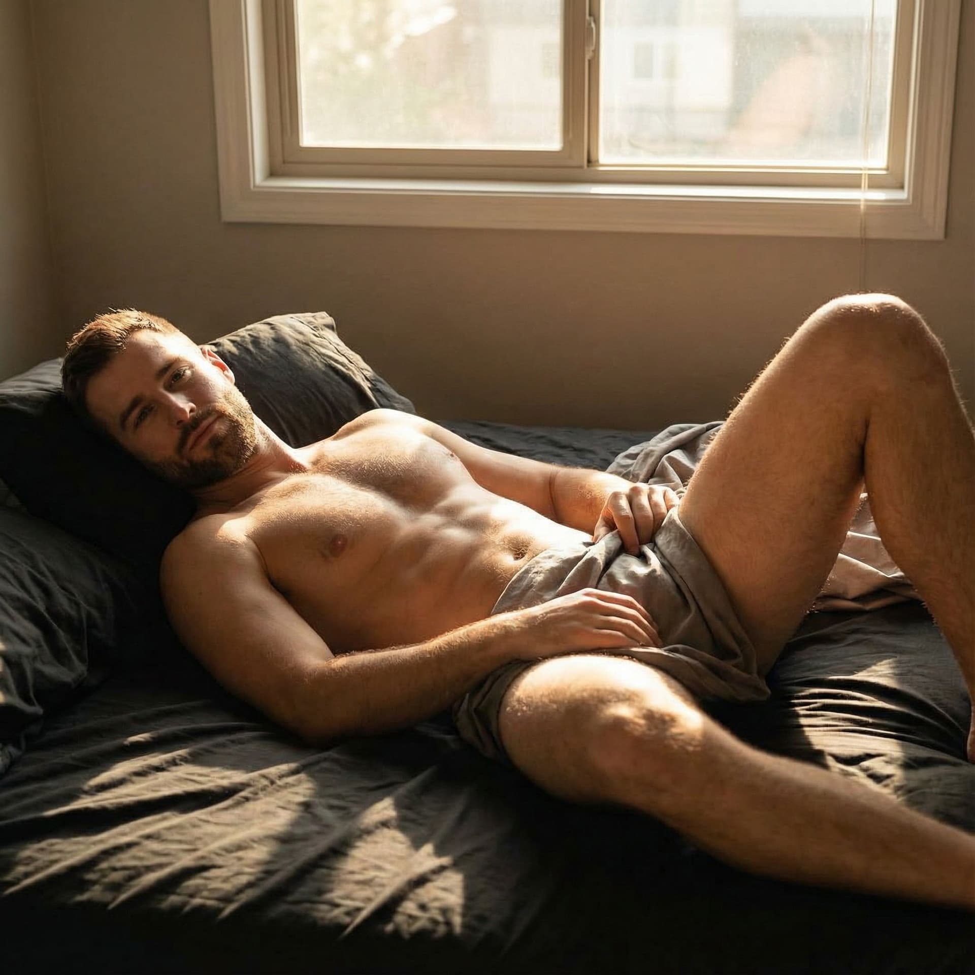 AI generated: man, topless, solo, erotic, lewd, sexy, short beard, beautiful face, beautiful body, laying on back,...