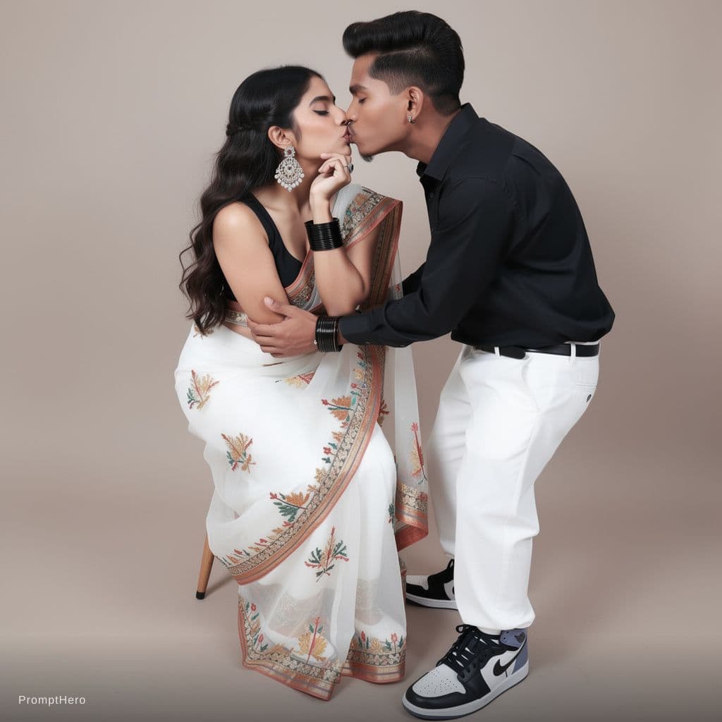 AI generated: Generate a portrait of a young Indian Couple comfortably, looking directly at the viewer with a gent...