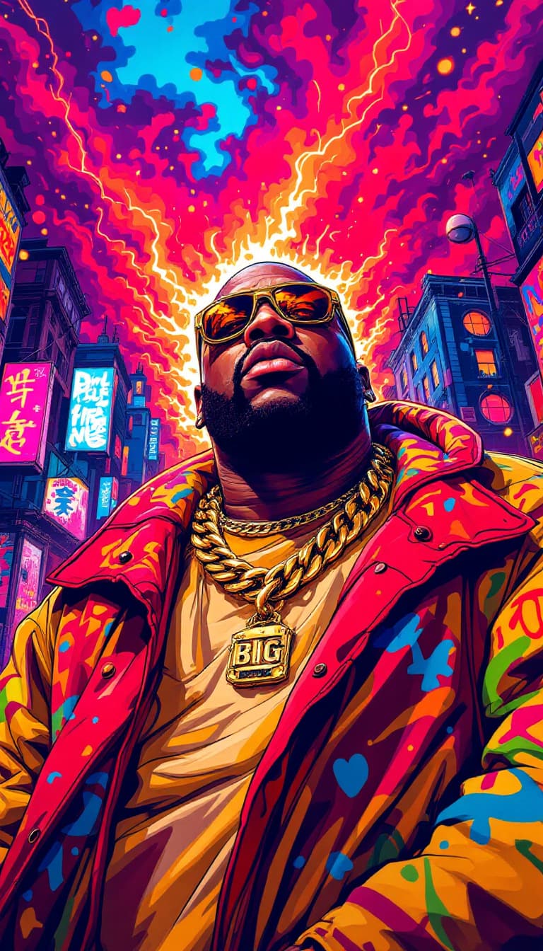 AI generated: Ethereal portrait of the Notorious B.I.G. as a vibrant pop art anime character, blending the hip-hop...