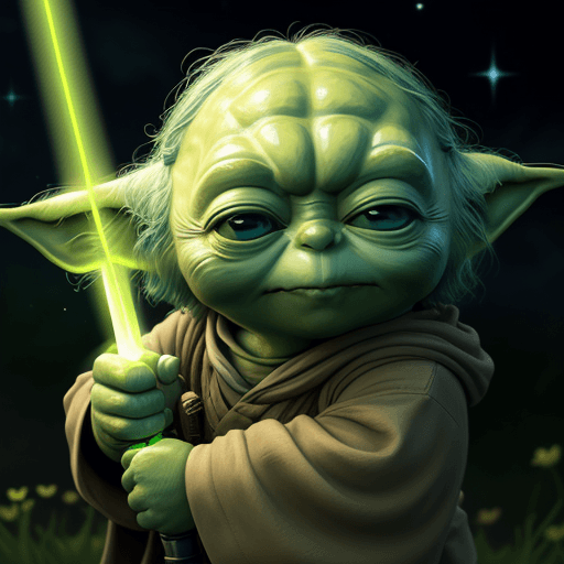 AI generated:  YODA in cosmos, 8k, light sword, happy YODA, friends YODA, anime