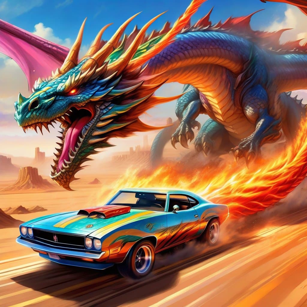 AI generated: A poster Masterpiece of an American style muscle car, with paint pin stripes, on a desert road, with...