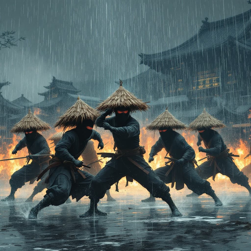 AI generated: Ten ninja fighting under the rain with the huts on the back of their heads 
