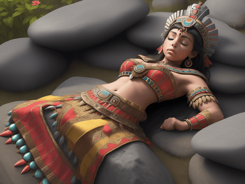 AI generated: beautiful aztec princess, asleep on her back, asleep on a mountain of stones, full body horizontal