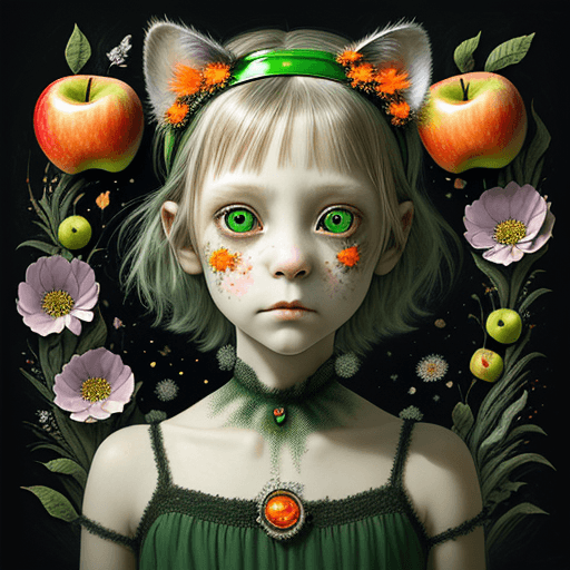 AI generated: small girl,ghosty eyes,flowers patern, new textures, neo expressionism ,creative art,agate patterns ...