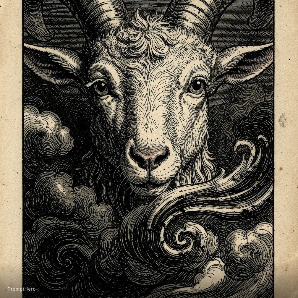 AI generated: Close-up of a Baphomet face. Vintage woodcut. The face, with great detail at the bottom, transforms ...