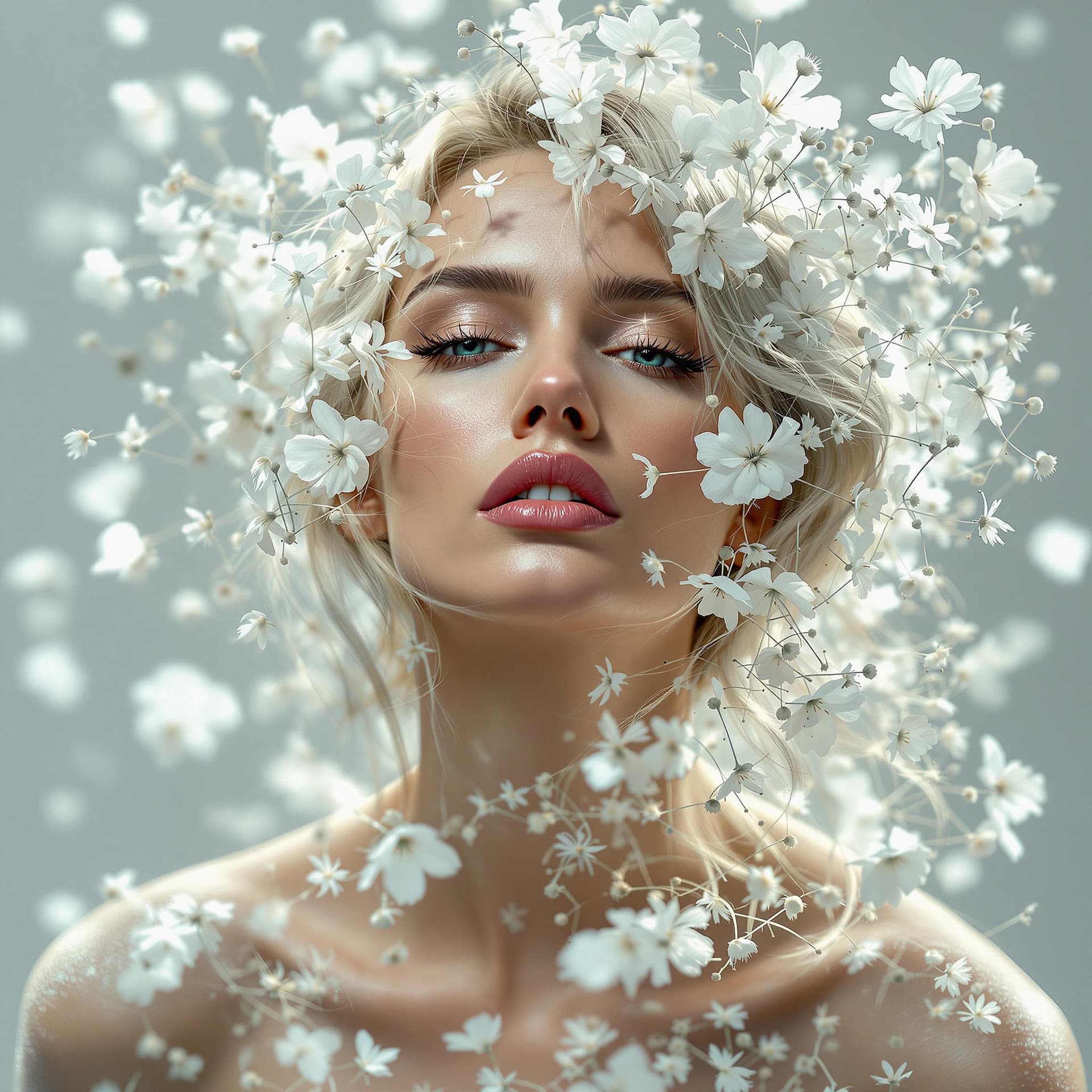 AI generated: digital art, fashion editorial, a close portrait of beautiful blond woman is studio double exposure,...