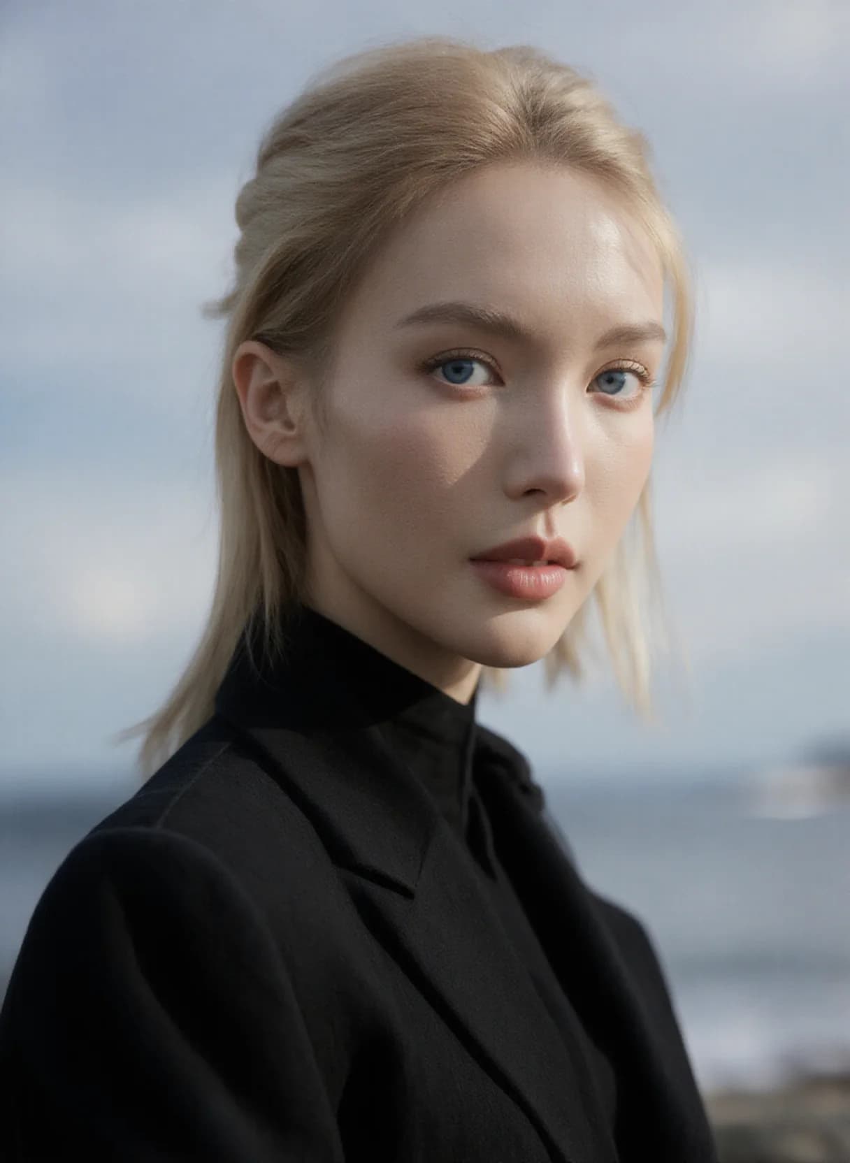 AI generated: A serene portrait of a person with light, straight, blonde hair styled in a sleek, side-swept manner...