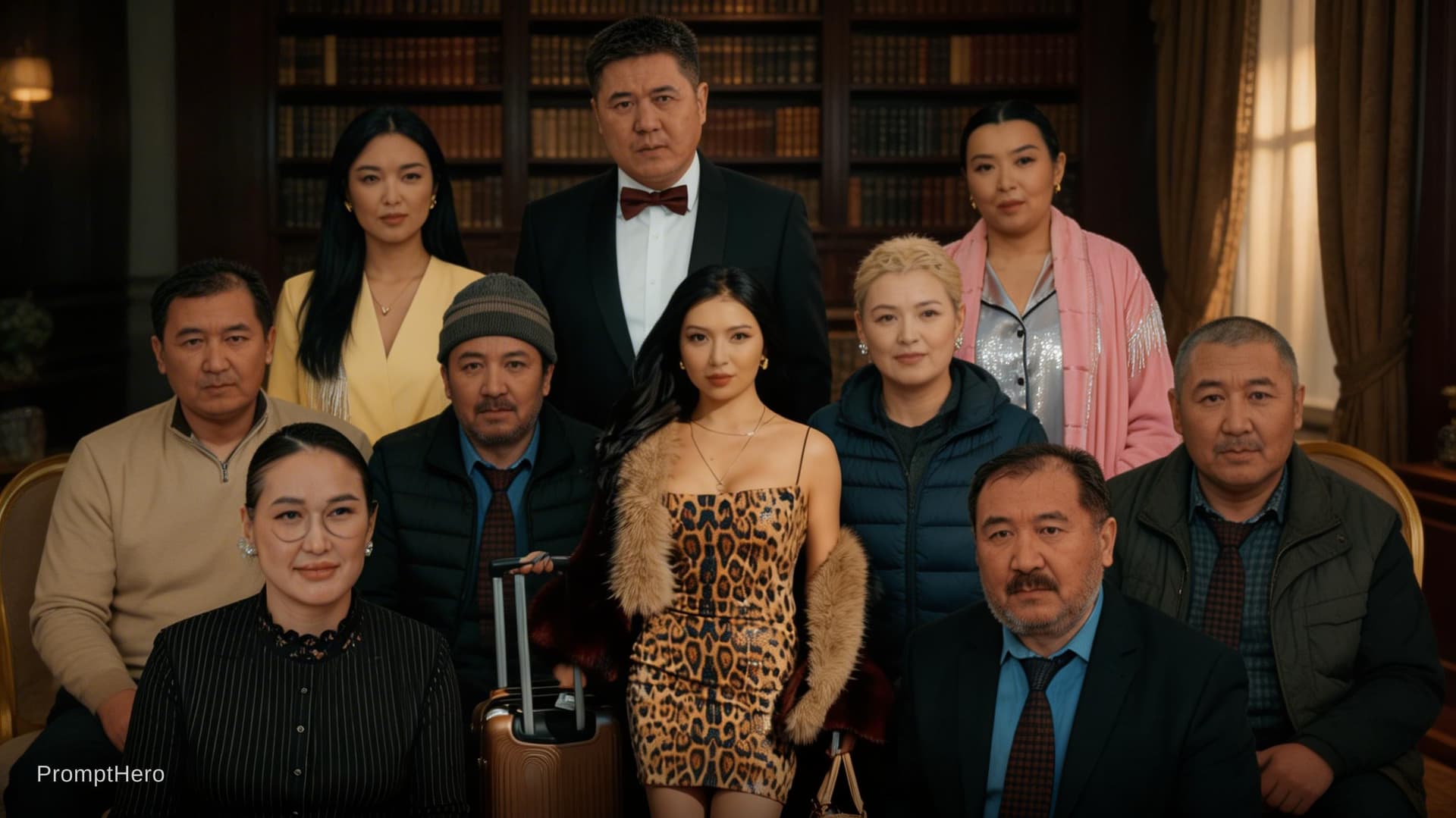 AI generated: A cinematic high-end movie poster featuring a large ensemble cast of 12 distinct characters based on...