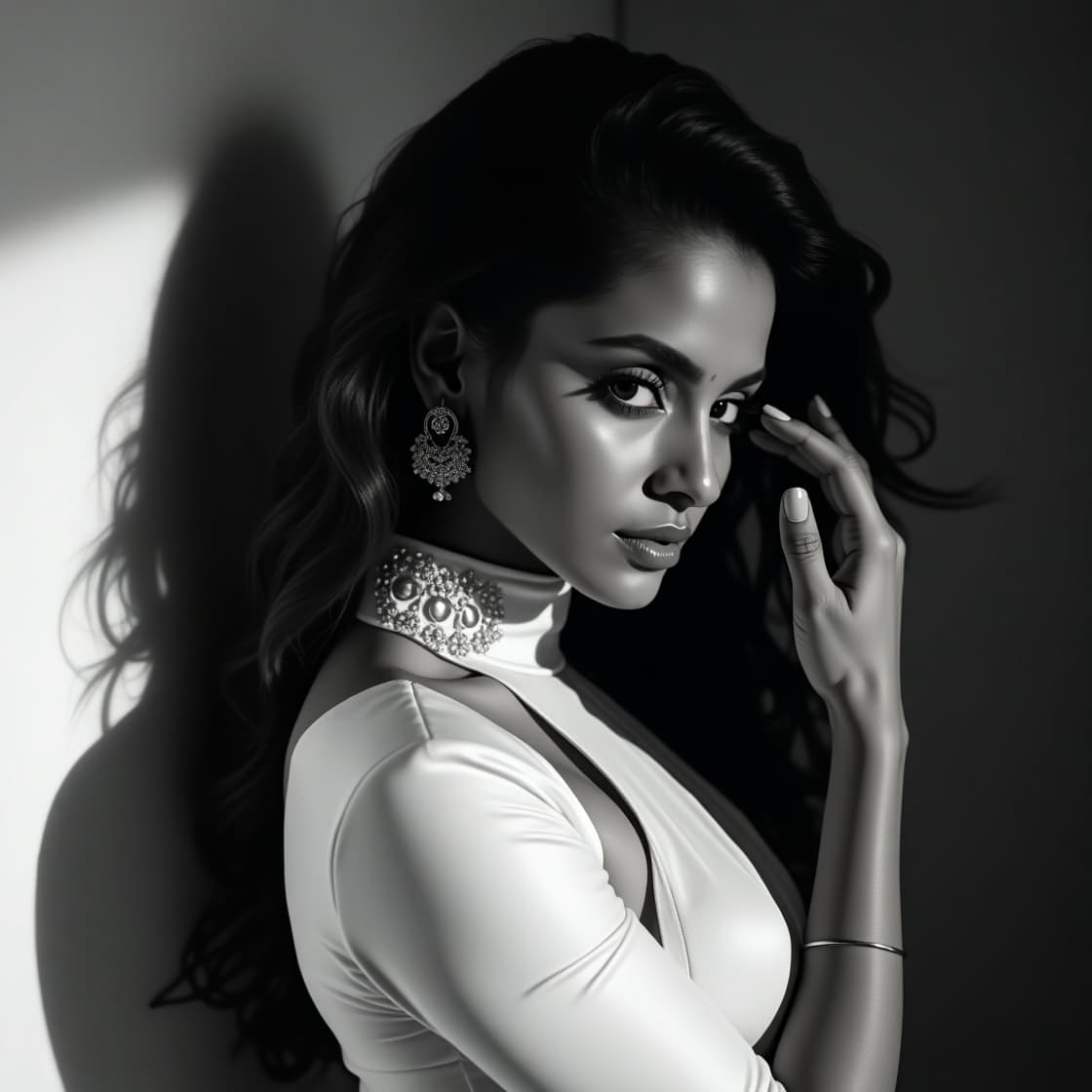AI generated: High-resolution black-and-white fashion editorial photograph of a stunning dusky volpturous curvy In...