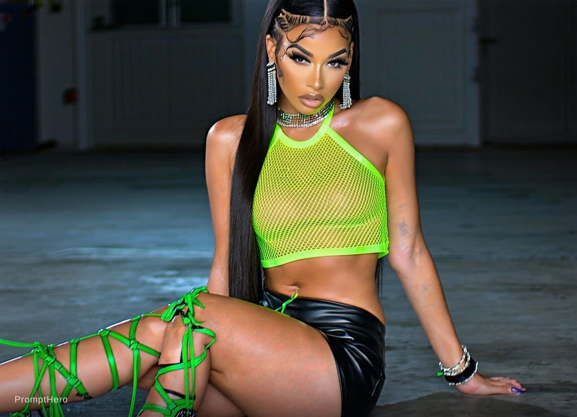 AI generated: earing a neon green mesh crop top paired with a black leather short skirt adorned w with very high h...