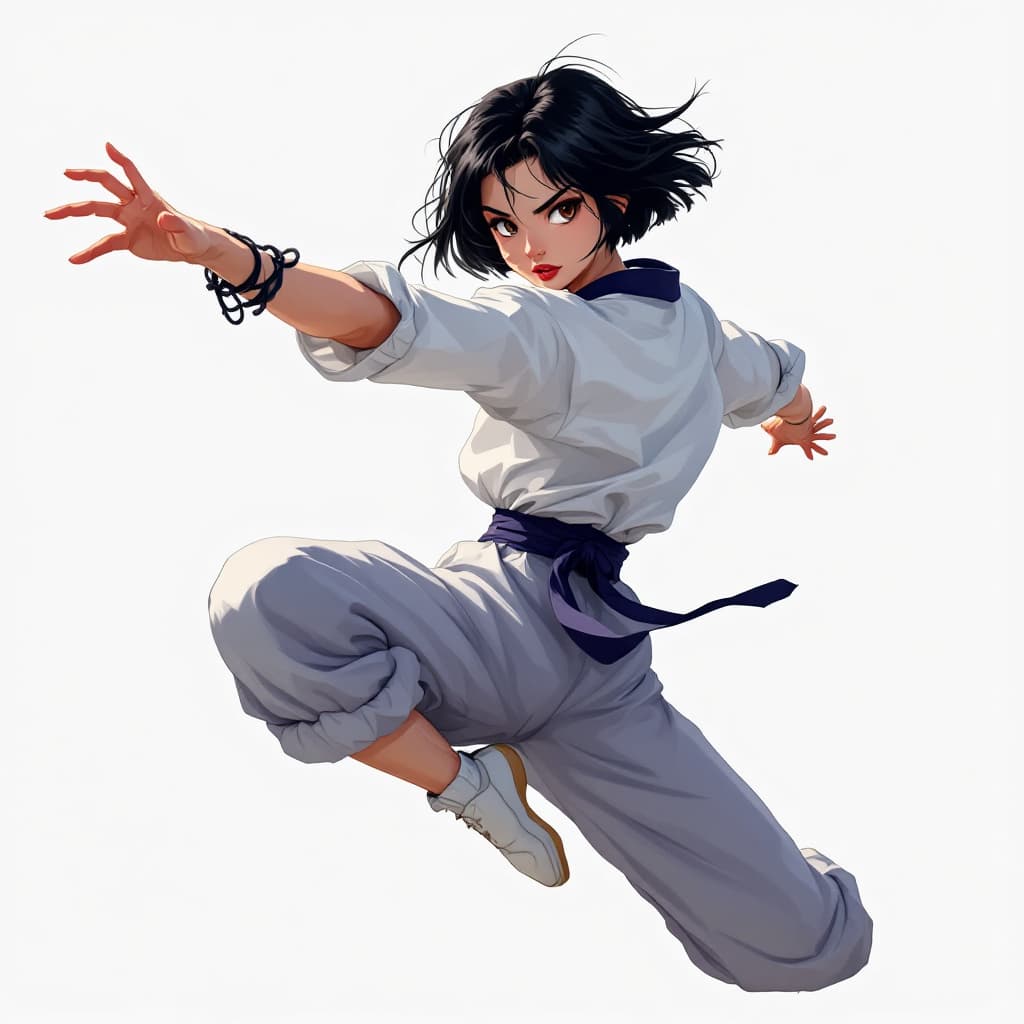 AI generated: manga style girl asian short black hair. she does a fighting pose. she does flying kick.