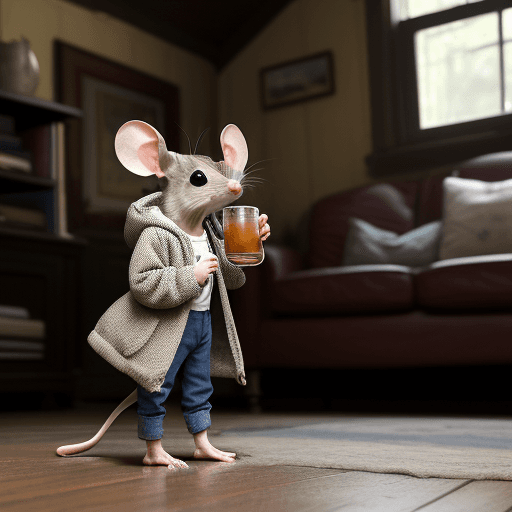 AI generated: A small mouse with clothes on is in an old house in the living room. Drinking tea