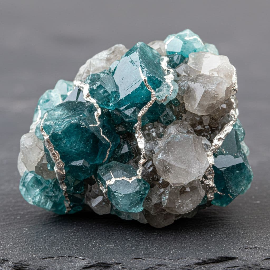 AI generated: Teal crystal mixed with grey crystal and silver veins sparsely running throughout it 