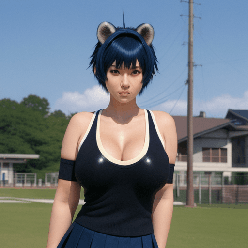 AI generated: Tanuki girl, Michiru Kagemori, animal ears, pixie cut blue hair, brown furry skin, bushy tail, black...