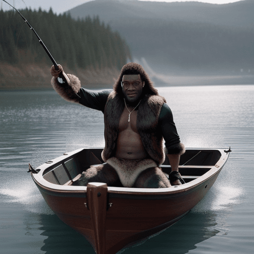 AI generated: Black man wearing wolf pelt inside a boat fishing hyper-realistic image