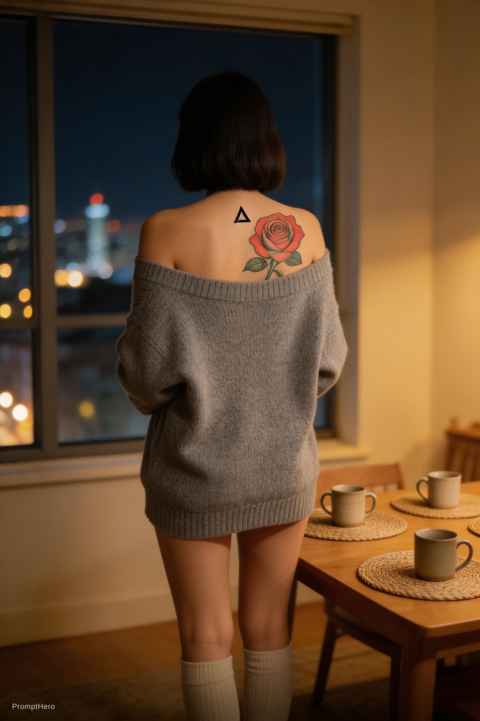 AI generated: A cozy, intimate evening apartment scene. A woman with a short dark bob haircut stands with her back...