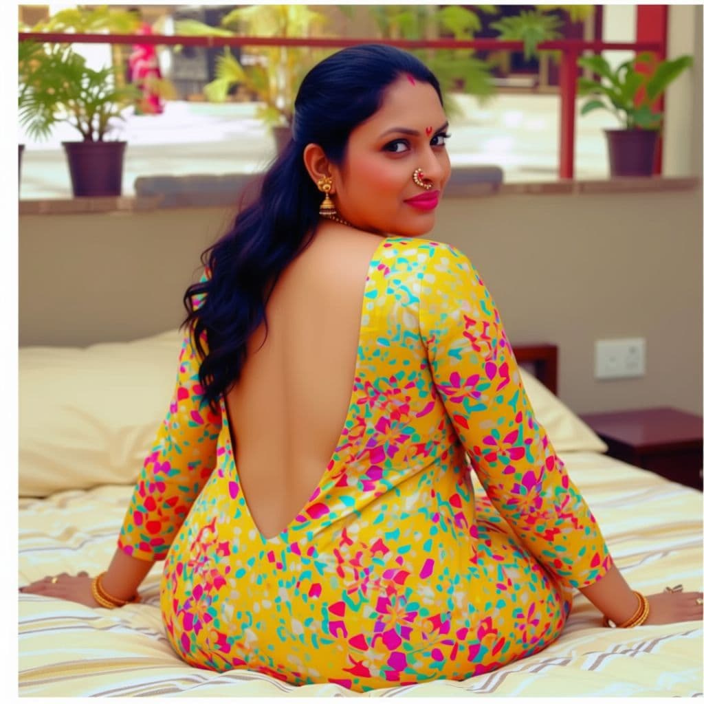 AI generated: hot glamour young indian aunty wearing only blouse without saree Only  open blouse seating the bed a...