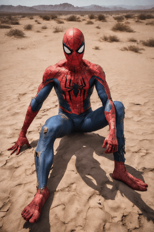 AI generated: Spiderman in a desert ,ripped dirty and damaged costume,injuries,scratches after a very hard fight,b...