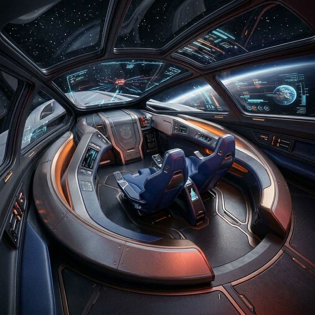 AI generated: Use the Reference Images to imagine, in detail, a Spacecraft 'C-shaped' Bridge design. Show Change i...
