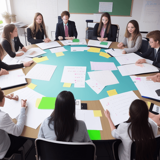AI generated: Create an image of a bunch of students collaborating in a classroom with flip charts and post it not...