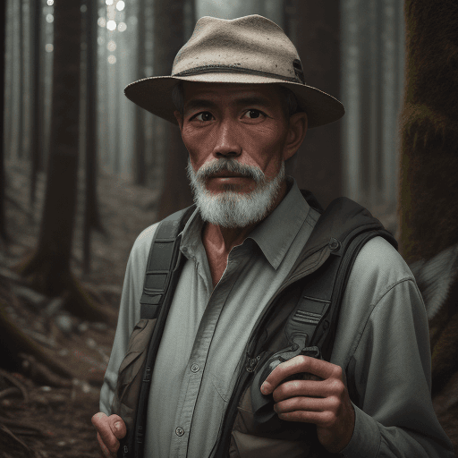AI generated: RAW photo, a portrait photo of 55 y.o man, traveler clothes, standing in the forest, natural skin, 8...