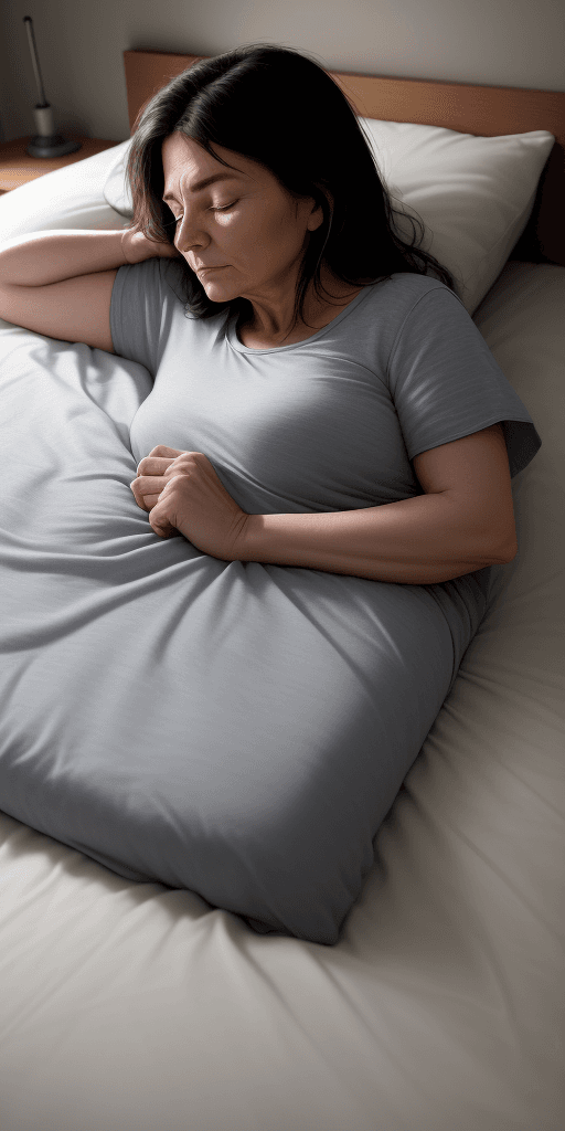 AI generated: “”A woman of about 30 years old, with a medium build, is sleeping on her side on the bed at night. T...