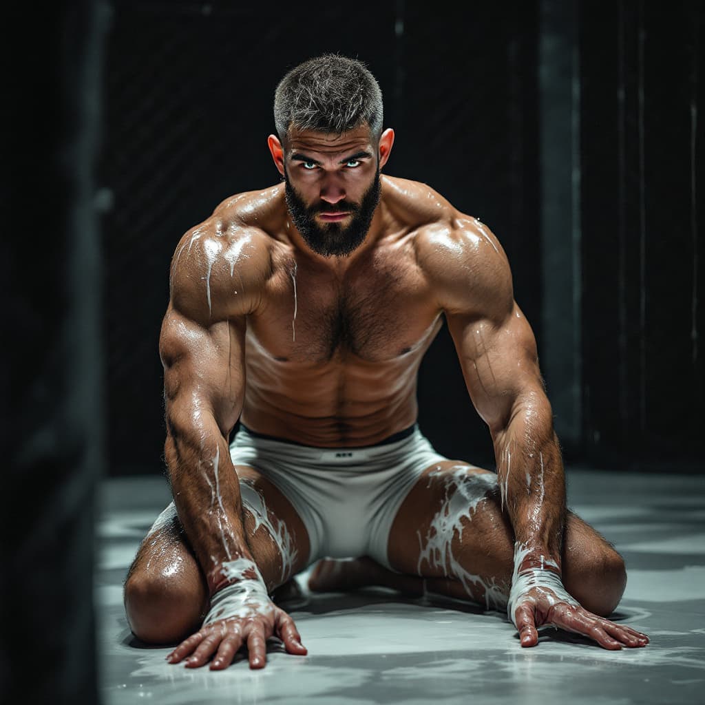 AI generated: Bosnian MMA fighter. 20 years old. Erko Jun. On his knees. Green eyes. Caucasian. Serious. In front ...