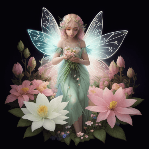 AI generated: fairy with flowers, pastel colors, extremely detailed, lights, glow, flowers