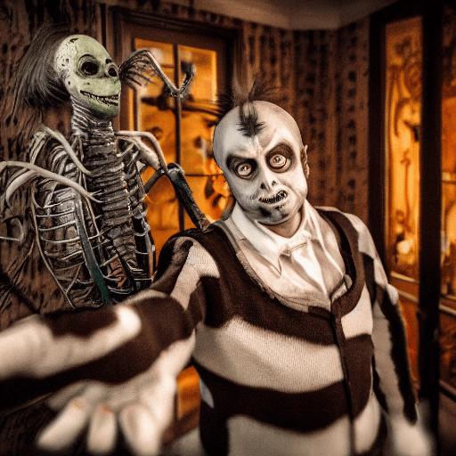 AI generated: beetlejuice, in a horror house, sharp, amazing, bokeh, hasselblad dslr, realistic