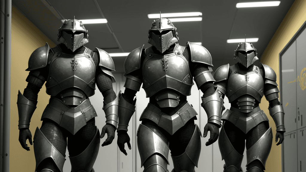 AI generated: human male Armoured warriors investigating in a secret lab, 
