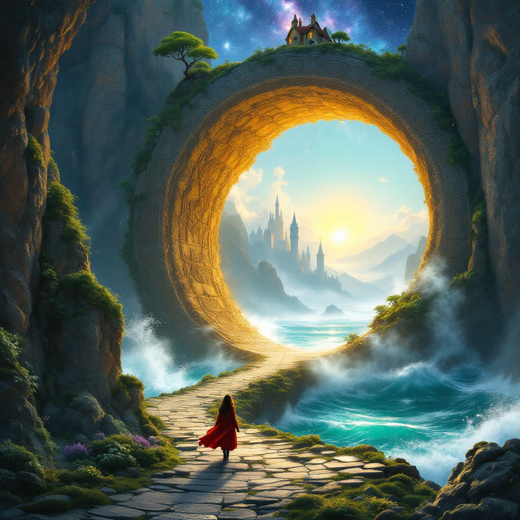 AI generated: A breathtaking, surreal fantasy landscape showcasing a massive circular stone archway rising from a ...