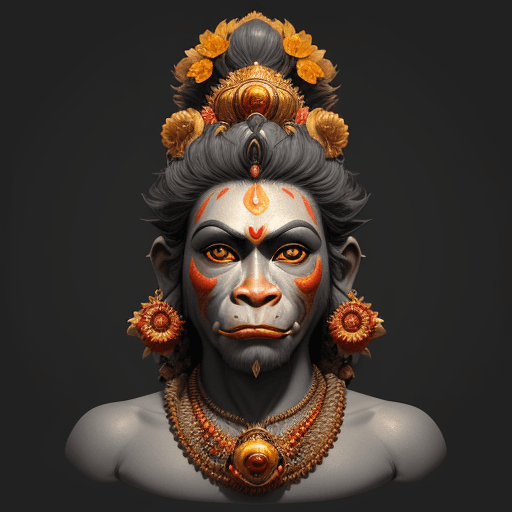 AI generated: the hanuman's face was painted with golden, in the style of nature-inspired compositions, dark gray,...